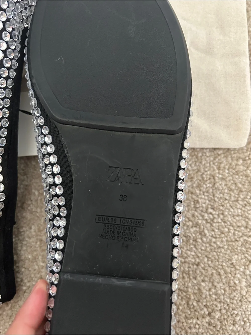 Zara black ballet flats with silver rhinestones